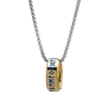 Close-up of golden cylindrical pendant with blue Nordic runes on a silver box chain - Gold