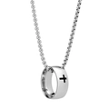 Macro detail of silver ring pendant with black cross motif on polished stainless steel chain - Arc Shaped Pendant