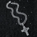 Collar hip hop de cadena cubana con colgante de cruz de dólar giratorio y pedrería - Plateado (Con Cadena de Barba de Dragón)