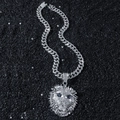 Collana con pendente testa di leone d'argento con occhi blu e catena cubana con strass - Argento (Testa di Leone) Con Catena da 50cm