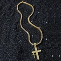 Iced out gold hip hop necklace featuring double cross pendants on a sparkly tennis chain - Gold Double Cross Necklace Set / Gold