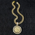 Men hip hop iced out Cuban chain with spinning Mexican 50 Pesos gold coin pendant - Necklace Set / Gold (Rotating Angel) - Longxu Chain