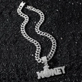 Iced out silver cuban chain with MONEY pendant necklace for men hip hop style - Silver MONEY Letter Necklace Set (YJ10-6843)