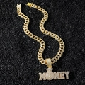 Golden hip hop MONEY pendant and iced out Cuban link chain on a premium black background - Gold MONEY Letter Necklace Set (YJ10-6843)