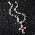 Collana a catena cubana ghiacciata con grande pendente a doppia croce rossa da uomo - Collana a Croce d'Argento con Pietra Rossa / Argento