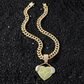 Hip hop heart pendant necklace with green pulse wave and iced out cubic zirconia - Gold / With 50cm Chain