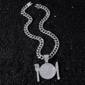 Collana hip hop da uomo con ciondolo a forma di piatto e posate in argento con brillanti - Stile Piatto Posate (Con Catena Cubana da 50cm) / Argento