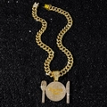 Collana cubana hip hop dorata con ciondolo a forma di piatto Everybody Eats con strass - Stile Piatto Posate (Con Catena Cubana da 50cm) / Oro