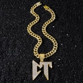Hip-hop gold plated Cuban chain necklace with iced out DT letter pendant and zircons - Letter CT Style With 50cm Cuban Chain / Gold
