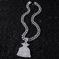 Collana con pendente a sacco di soldi tempestata e grossa catena cubana in argento - Sacco di Soldi Argento con Catena da 50cm