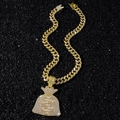 Collana hip hop da uomo con ciondolo a sacchetto di soldi d'oro e catena cubana ghiacciata - Sacco di Soldi Oro con Catena da 50cm