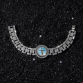 Silbernes Armband mit Zirkonia, Uhrenstil-Kette und buntem Jesus-Kreuz-Medaillon - Silber (Rotierendes Kreuz)-8inch
