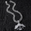 Hip-hop silver wings skull pendant necklace with Cuban chain and iced out rhinestones - Silver (Winged Skull) with 50cm Chain
