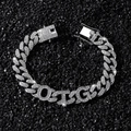 Pulsera cubana de plata estilo hip hop de 13 mm con piedras y dije de letras OTG - 20.5CM / Plateado