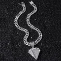 Iced out hip hop Cuban chain necklace with large sparkling diamond-shaped pendant - Silver Necklace With Diamond Pendant