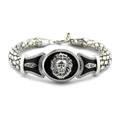 Detail of silver lion head medal with black enamel and rhinestones on braided chain - Silver Lion Head Style