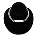 Chunky alloy curb chain necklace with a rectangular metal plaque on a black display stand - White K/Silver