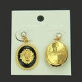 Vintage golden lion head drop earrings with black enamel and sparkling crystal accents - Gold