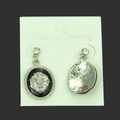 Lion head earrings with black enamel and rhinestones, front and back view silver alloy - Silver