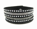 Bracciale multistrato in velluto nero con borchie argento e cristalli brillanti - Nero