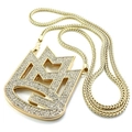 Macro view of iced-out gold crown pendant with micro-pave crystals on thick woven chain - Snake Chain 90cm / Music Note (Gold)