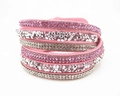 Pink multi-layer wrap bracelet with sparkling rhinestones on soft faux suede fabric - Pink