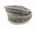 Close-up of grey velvet multi-layer wrap bracelet with gradient crystal rhinestones - Gray