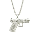 Dettaglio del ciondolo a pistola hip-hop argento con lettere 2PAC e strass bianchi lucidi - Catena a Coda di Volpe 76cm / Argento