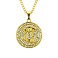 Hip hop gold Jesus piece pendant necklace with white zircons on a sturdy square box chain - Round 3.4cm Jesus Portrait (Gold) - Box Chain 70cm