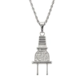 Detailed macro of silver-plated hip hop plug pendant with shimmering white rhinestones - Plug Shape With Rope Chain / Silver