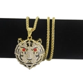 Hip hop tiger head pendant necklace in gold finish with crystal inlay on wheat chain - Foxtail Chain 76cm / Red Eyed Tiger Head (Gold)