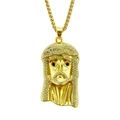 Hiphop Goldkette mit Jesus-Kopf Anhänger und weißen Diamanten an einer Weizenkette - Schwarze Augen Figur Gold (MY10-5336) / 5.8x3.4cm Anhänger-76cm Fuchsschwanzkette