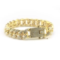Pulsera cubana dorada de 12mm estilo hip hop con pedrería y cierre de seguridad doble - Cierre de Estrás (Dorado) - 23cm