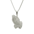 Macro view of silver praying hands pendant with pavé crystals and box chain - Silver - 0.3*75cm Box Chain