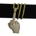 Pendentif doigt d'honneur hip-hop doré avec strass et chaîne de corde torsadée brillante - Grand Doigt d'Honneur (Or) - Chaîne Corde