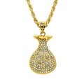Hip hop gold money bag pendant necklace with white rhinestones and rope chain - Gold