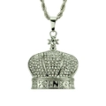 Hip hop style silver crown necklace with iced out rhinestones and King lettering - Rhinestone Crown (YJ10-5504) / Rope Chain 76cm / Silver