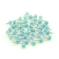 Detailed close-up of light blue crystal ball stud earrings with silver metal pins - Lake Blue