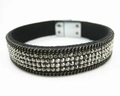 Black velvet magnetic bracelet with 4 rows of sparkling rhinestones and metal chains - Silver