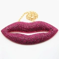 Chic oversized rose pink lip clutch bag with deep red rhinestones and gold chain - Purplish Red