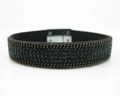 Detail showing four rows of dark green rhinestones on black velvet magnetic bracelet - Dark Green