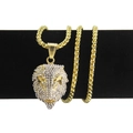 Hip hop gold plated necklace featuring a large lion head pendant with sparkling rhinestones - Gold (0.3*75cm Box Chain)