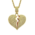 Hip hop broken heart pendant necklace with gold plating and iced out zircon stones - With Stainless Steel Rope Chain 60cm / Gold