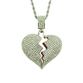 Hip hop men's broken heart pendant necklace with rhinestones and silver rope chain - With Stainless Steel Rope Chain 60cm / Silver