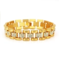 Hip-hop gold plated watch link bracelet with sparkling rhinestones for men on white background - Gold