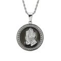 Hip hop silver pendant necklace with iced-out praying hands and greek key pattern - 0.3*60cm / Silver