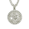 Detail of silver-tone iced out spinning dollar pendant necklace with cubic zirconia - 76CM / Silver Rotatable Dollar Pendant Style