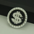 Sparkling silver dollar sign brooch with white rhinestones and a round metal frame - Black Circle Style / 4.5CM / Silver