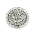 Macro detail of iced-out silver dollar sign pendant with sparkling white rhinestones - Silver