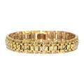 Detailed close-up of golden geometric watch-style bracelet with textured diamond patterns - Gold